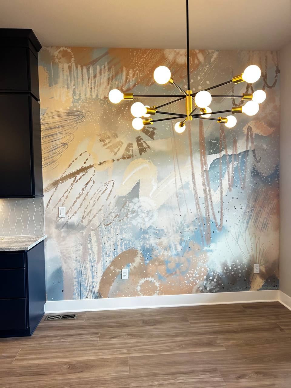 Bathroom accent wall covered in a playful, high-density custom pattern featuring illustrations of various adorable dog breeds.
